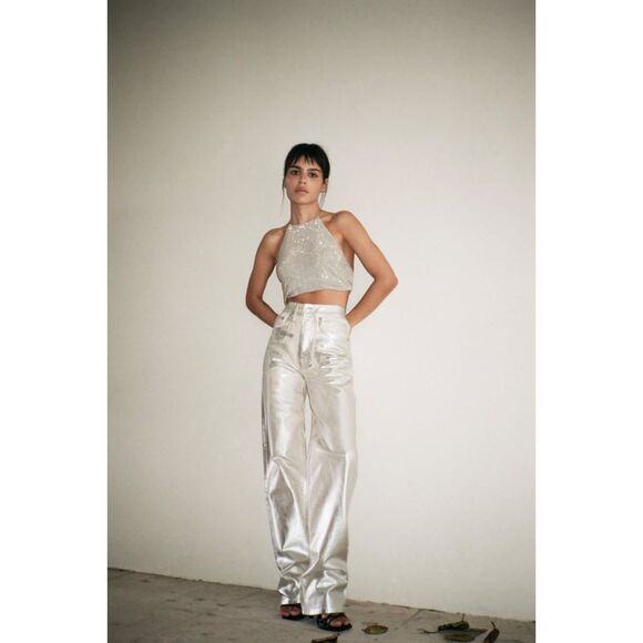 ZARA Metallic Mid-Rise Boyfriend Jean Silver‎ Sz 6 - Picture 1 of 9